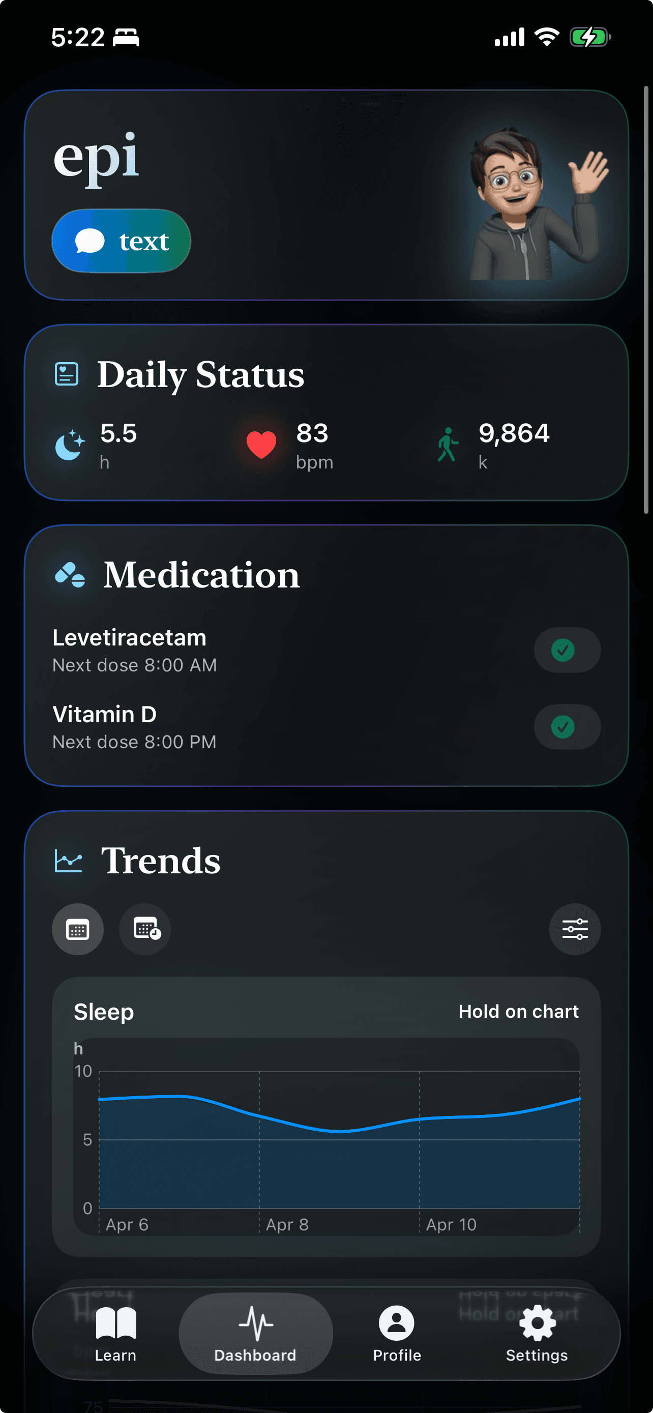 epi dashboard showing daily status cards