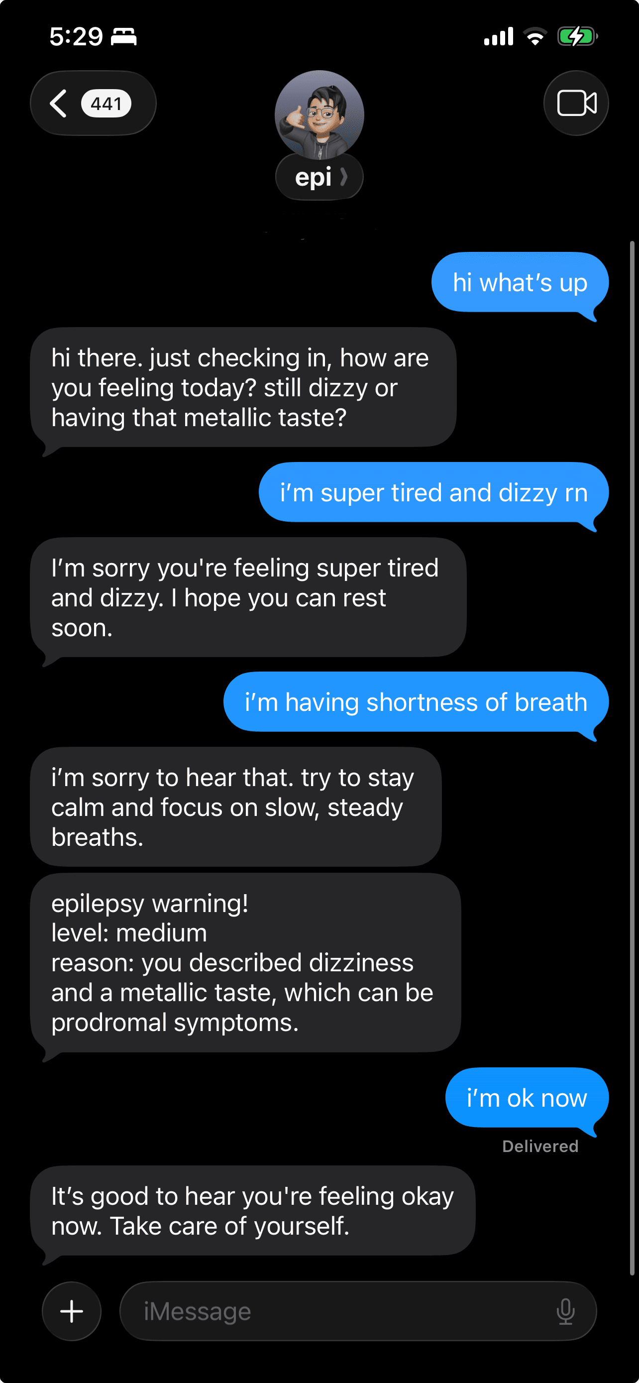 epi imessage conversation with symptom check-ins and seizure warning